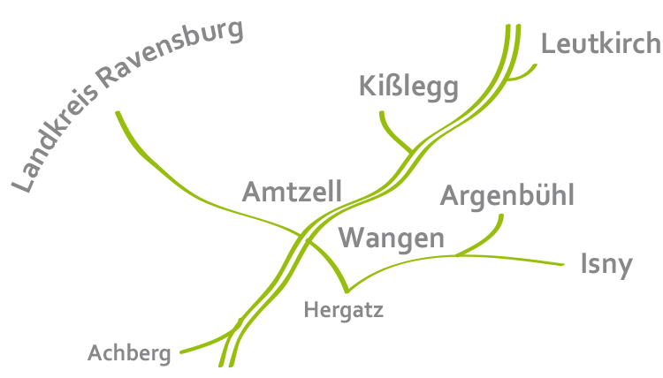 Abbildung der verschiedenen Zweigstellen im Landkreis Ravensburg